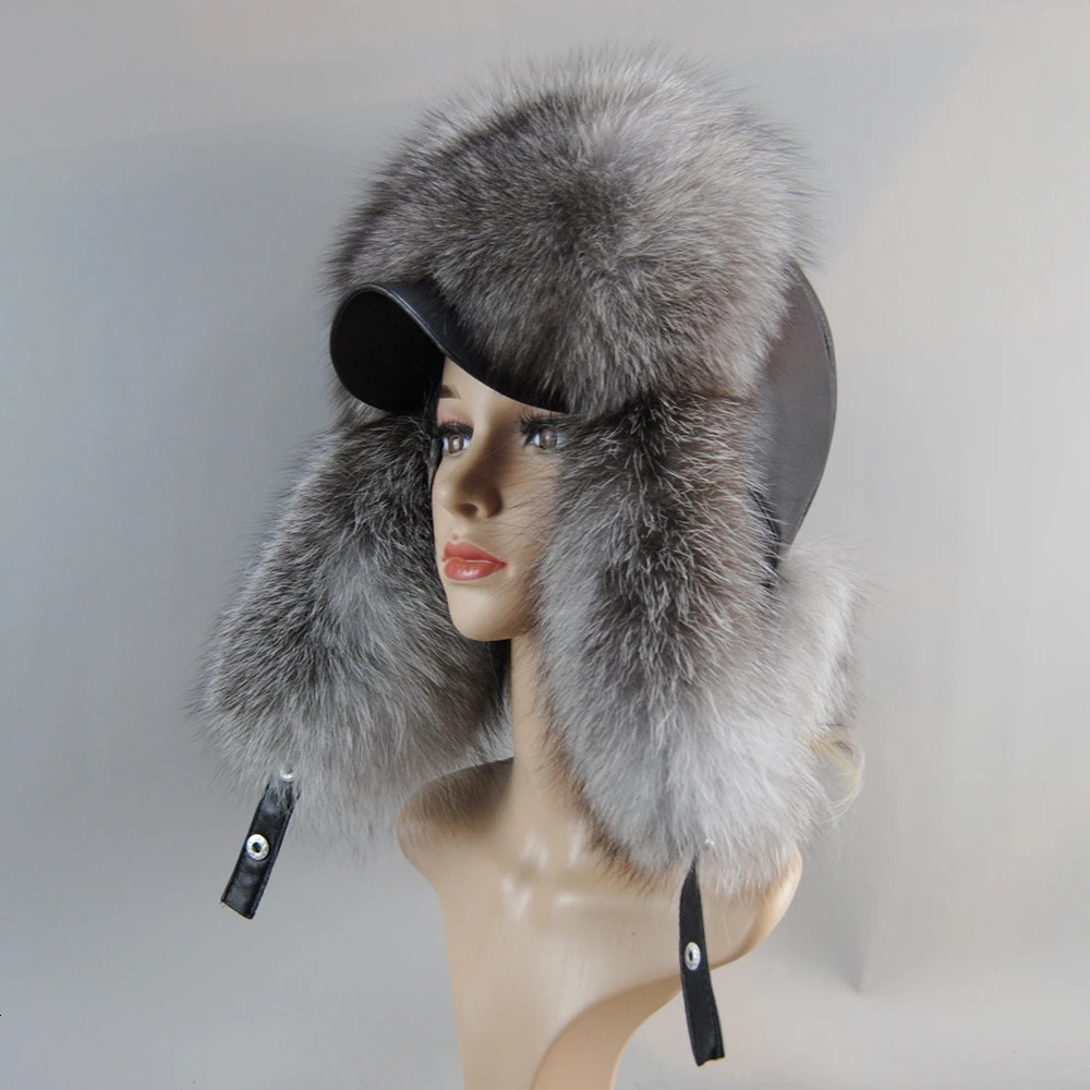 Style Winter Ushanka Hat Men Women's Pilot Bomber Trapper Hats Real Fox Fur Leather Snow Cap with Ear Flaps 231222