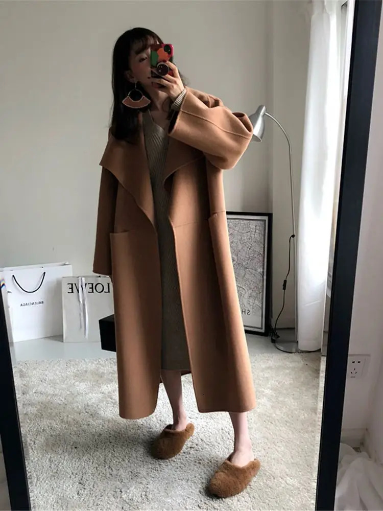 Women Woolen Long Coat Winter Side Slit Big Turn-down Collar Warm Jacket Camel Black Grey Color Mid-Length Outwear Tops 231225