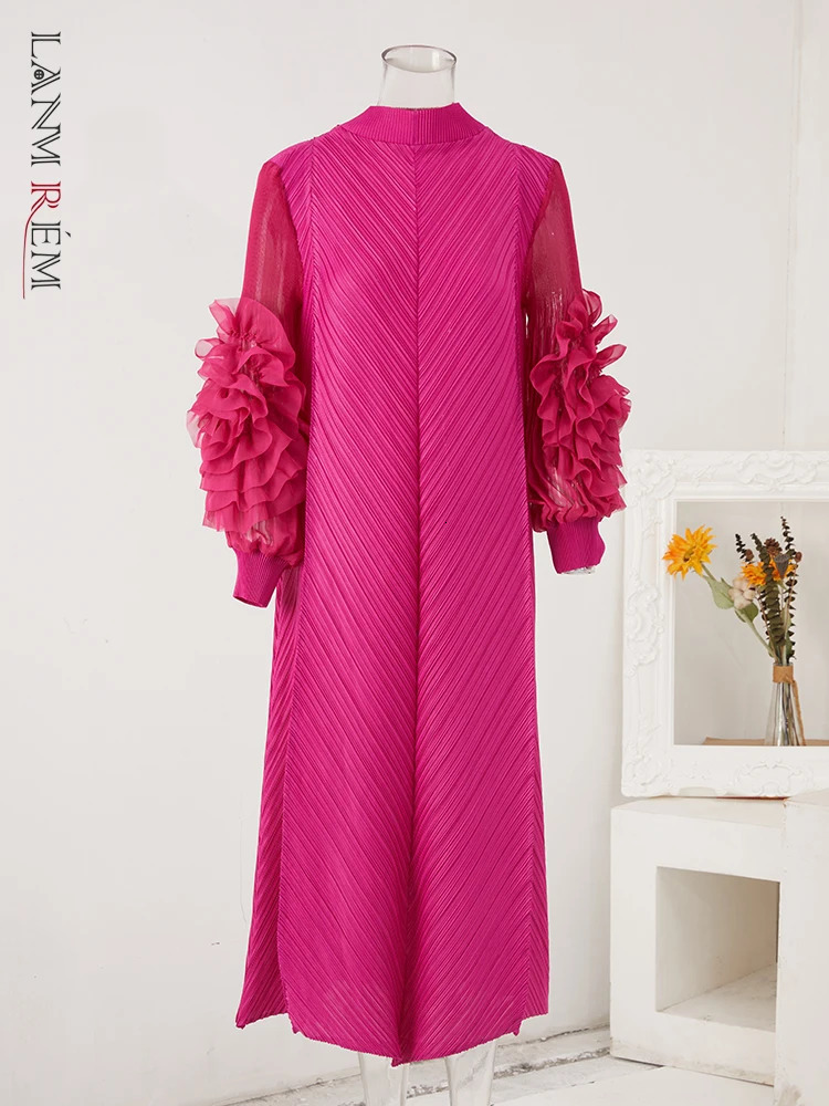 LANMREM Maxi Pleated Dress Round Neck Spliced Fungus Full Sleeve Dresses For Women Spring Clothing 2Qa1331 231222