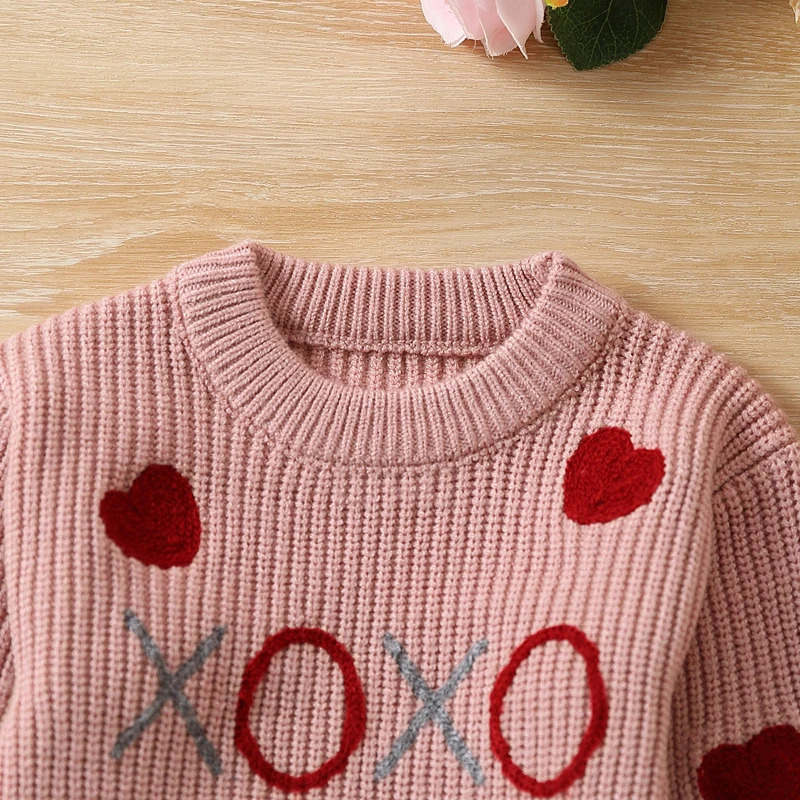 Infant Baby Girls Knitting Clothes Kids Valentine's Day Sweaters Long Sleeve Heart Embroidery Pullovers Jumper Tops For Toddler 231225