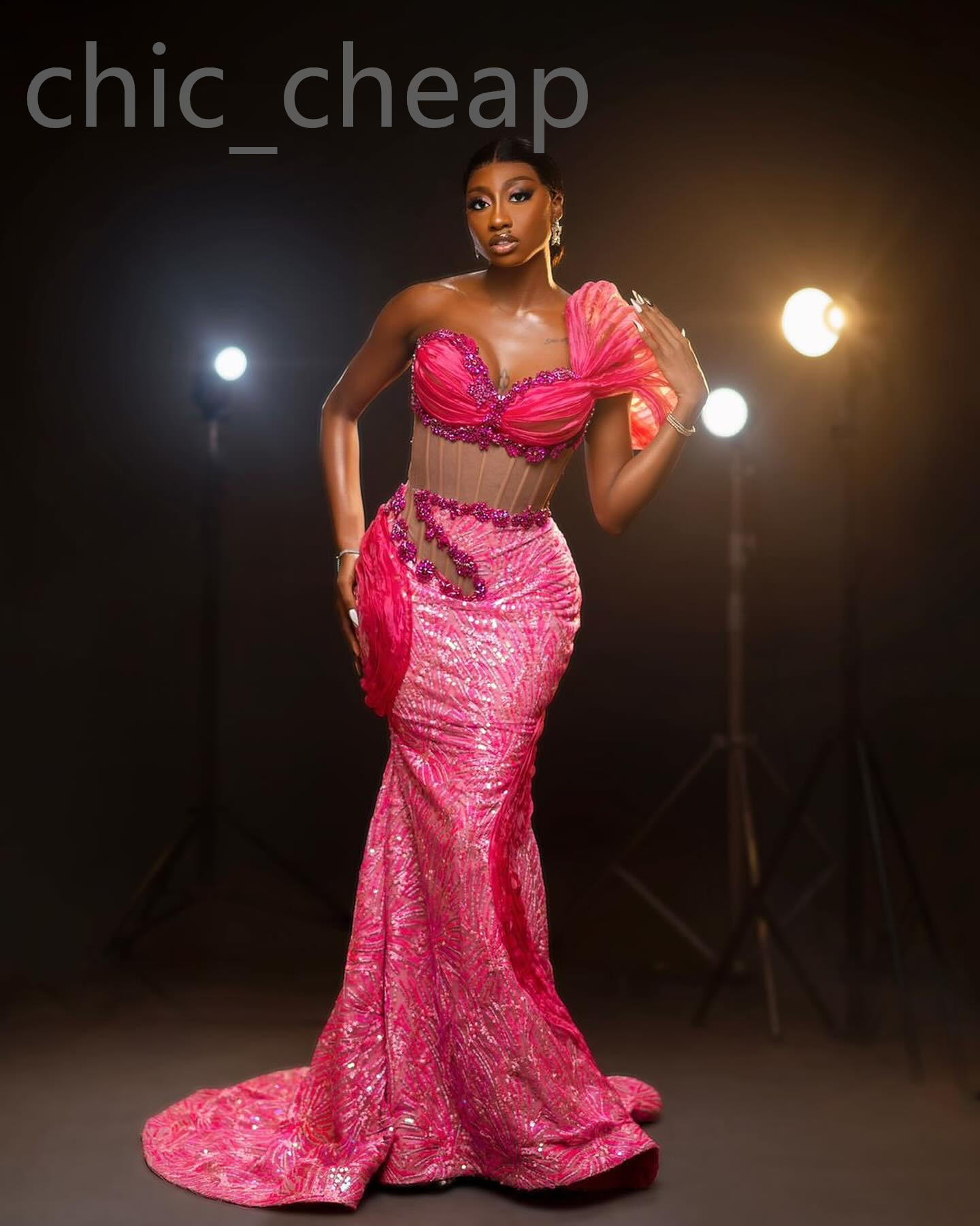 Aso Ebi Hot Pink Mermaid Prom Dress Beaded Crystals Sexy Evening Formal Party Second Reception Birthday Engagement Gowns Dresses Robe De Soiree ZJ Lz0