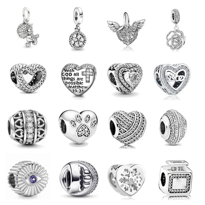 Silver Fit Original Bracelet White Stone Collection Heart Wing Cros Charm Bead DIY Birthday Jewelry Gift Free Shipping