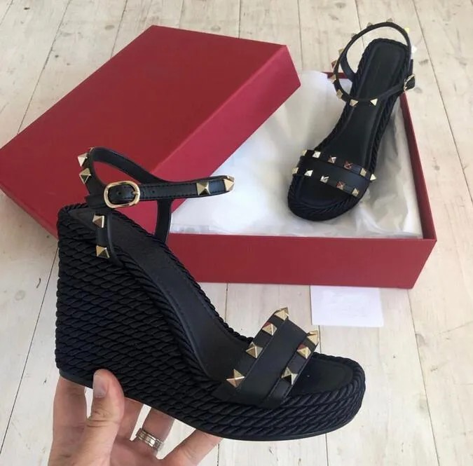 Women wedge sandal high heels double rivets strap GRAINY calfskin leathers platform wedges design summer pumps open toe with box
