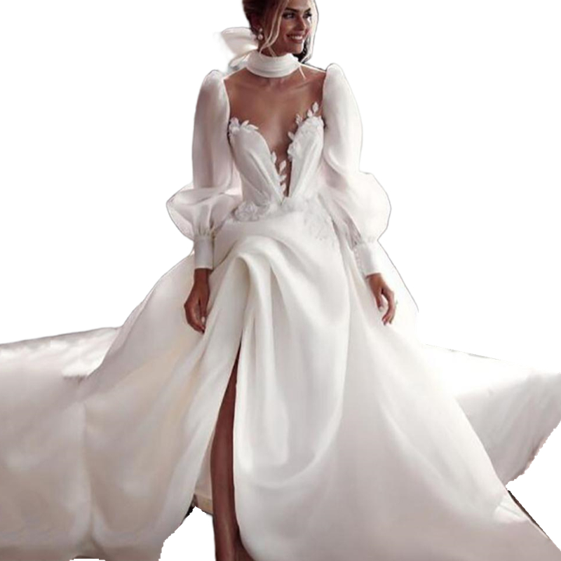 Ruched Princess A Line Wedding Dress Long Sleeves Sexy Illusion Back Lace Appliques High Neck Ivory Bridal Gowns Modern Bohemian Beach Vestidos De Nov