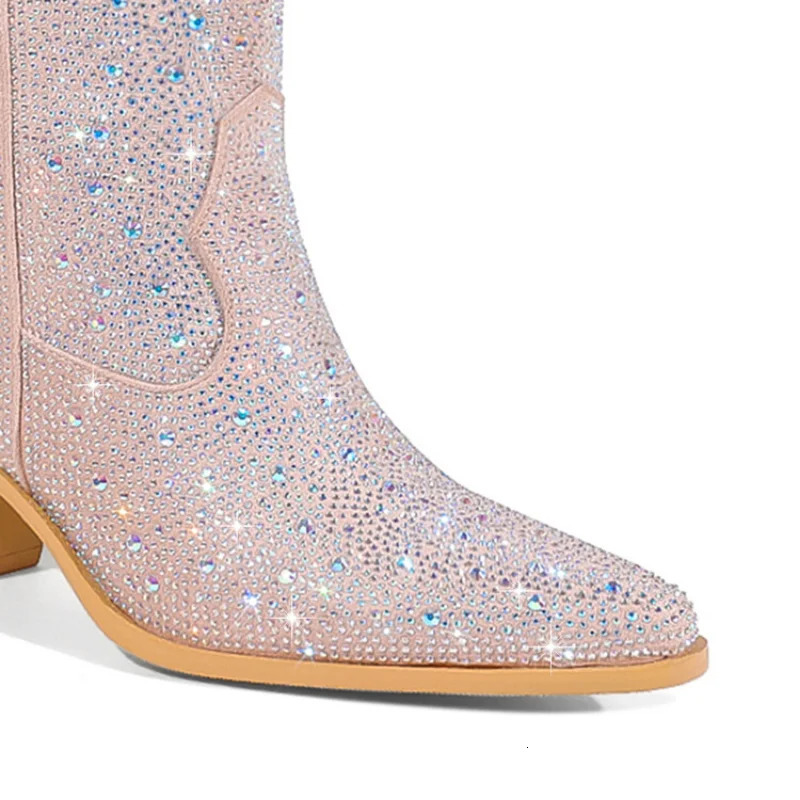 Embroidered Rivet Knee Boots 43 Rhinestone Pointy Women Boots Leather Car Stitching Chelsea Boot Fashion Show Shiny Boots 231225