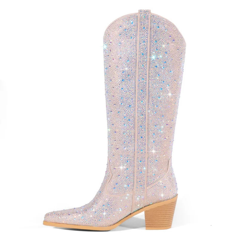 Embroidered Rivet Knee Boots 43 Rhinestone Pointy Women Boots Leather Car Stitching Chelsea Boot Fashion Show Shiny Boots 231225