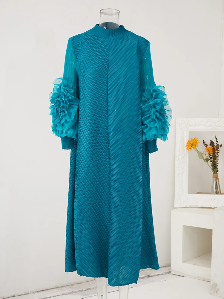 LANMREM Maxi Pleated Dress Round Neck Spliced Fungus Full Sleeve Dresses For Women Spring Clothing 2Qa1331 231222