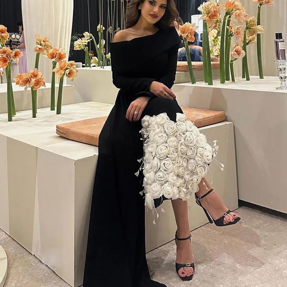 Black Arabic Caftan Prom Dress for Women 3D Rose Bottom Skirt Long Sleeve Cape Portrait Evening Celebrity Gown 2024