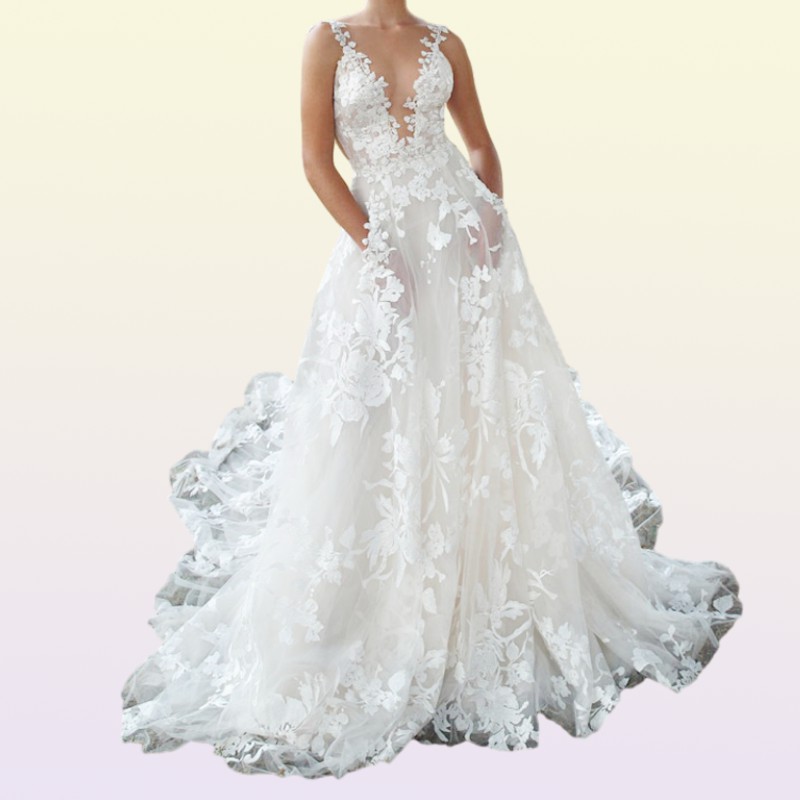 Backless Boho Wedding Dress 3D Appliqued Summer Beach Bridal Gowns Off The Shoulder Tulle Loves Lace Outdoor Lady Marriage Dr