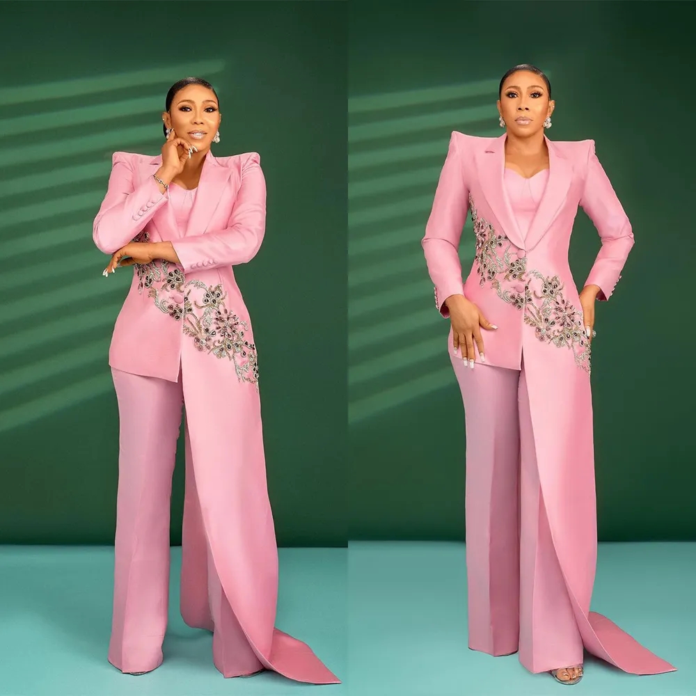 Red Pink 2024 Hot Carpet Fashion Mother 's Women Pants Suits 2 Pieces Slim Fit Crystal Beads Prom Evening Party Wear
