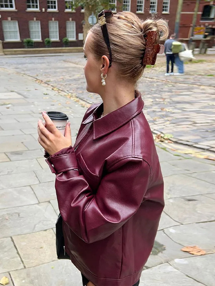 Vintage Women Zipper PU Leather Jacket Coat Fashion Lapel Loose Long Sleeve Short Autumn Motorcycle Outwear 231222