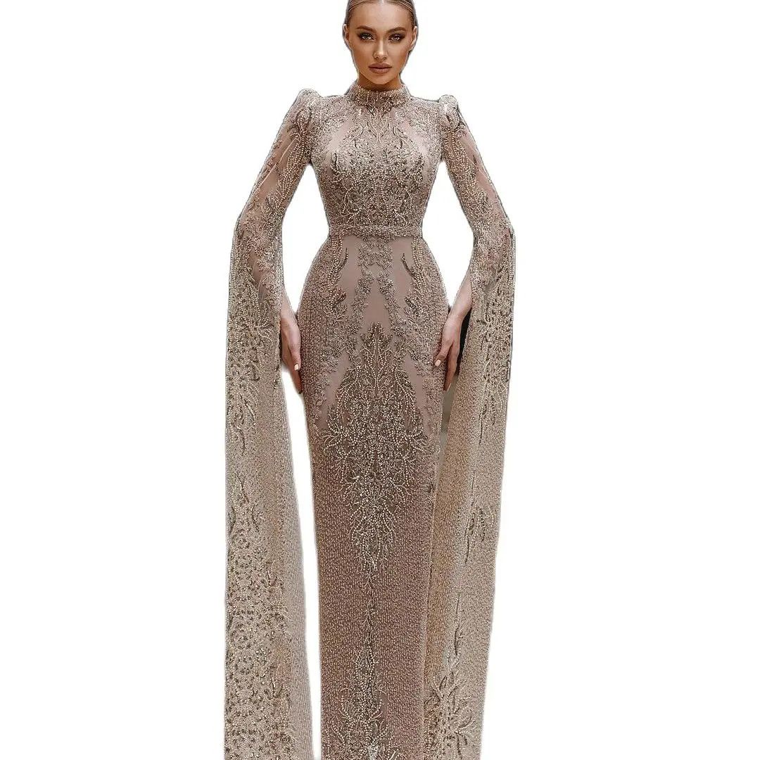 Sparkling Lace Mermaid Prom Dresses Elegant Hign Neck Evening Gowns Floor Length Beading Formal Dress