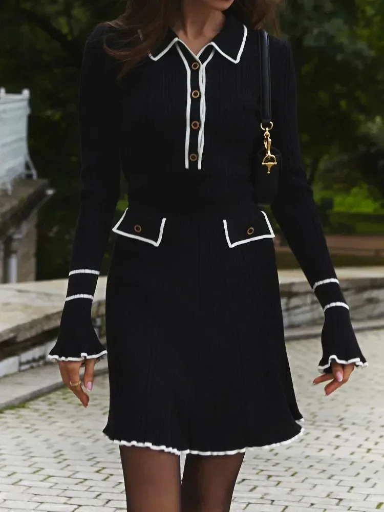 Tossy Ruffled Fashion Knit Dress Women Autumn Ribbed Contrast Long Sleeve High Waist Lapel Gown Dress Knitwear Ladies Maxi Dress 231225