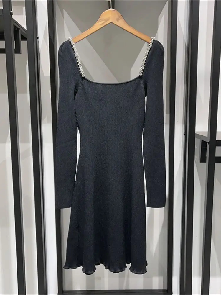 Women Black Slim Knitted Short Dress Diamond Edging Early Autumn High Waist Long Sleeve Lady Square Collar Mini Robes 231225