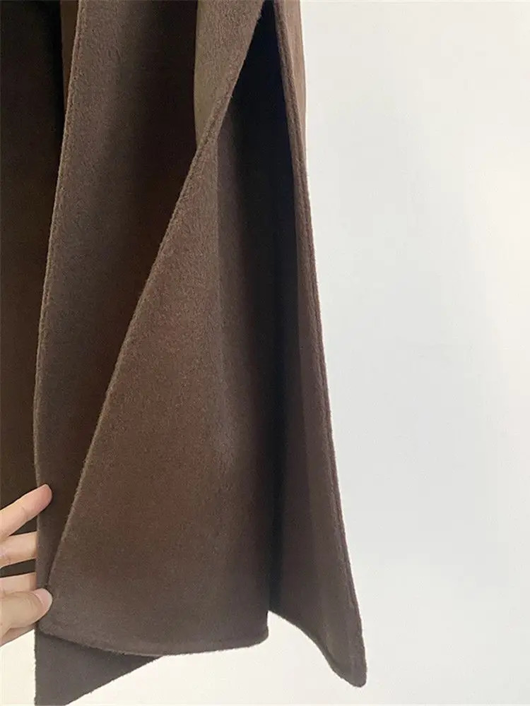 Women Woolen Long Coat Winter Side Slit Big Turn-down Collar Warm Jacket Camel Black Grey Color Mid-Length Outwear Tops 231225
