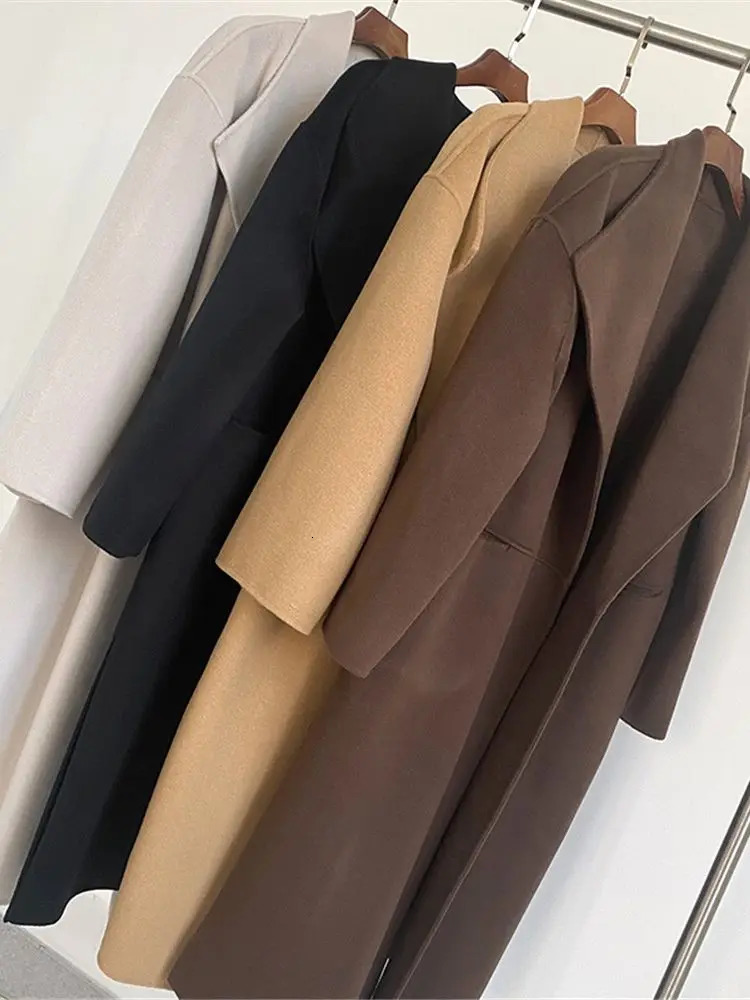Women Woolen Long Coat Winter Side Slit Big Turn-down Collar Warm Jacket Camel Black Grey Color Mid-Length Outwear Tops 231225