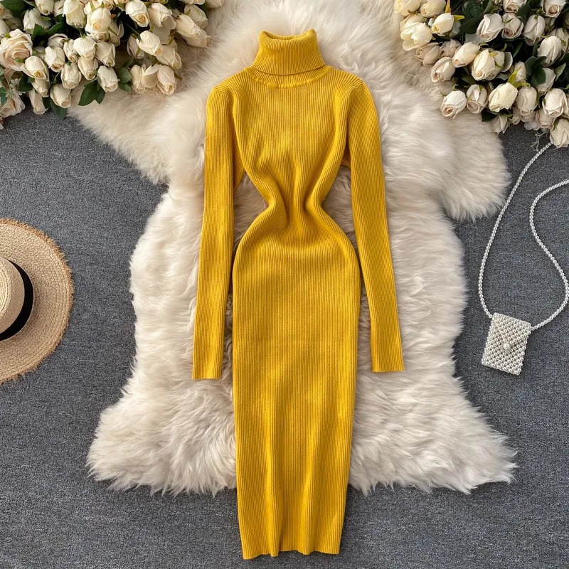 Dresses for Women Sexy Turtleneck Knitted Bodycon Dress Women Autumn Winter Long Sleeve Sweater Dress 231225