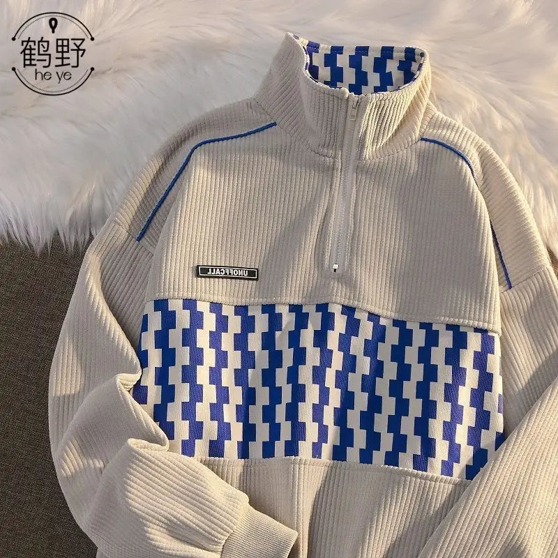 American Vintage Waffle Half Zip Polo Neck Sweater Men's and Women's Autumn Loose Fashion Versatile Checkerboard Top Clothing 231222Z