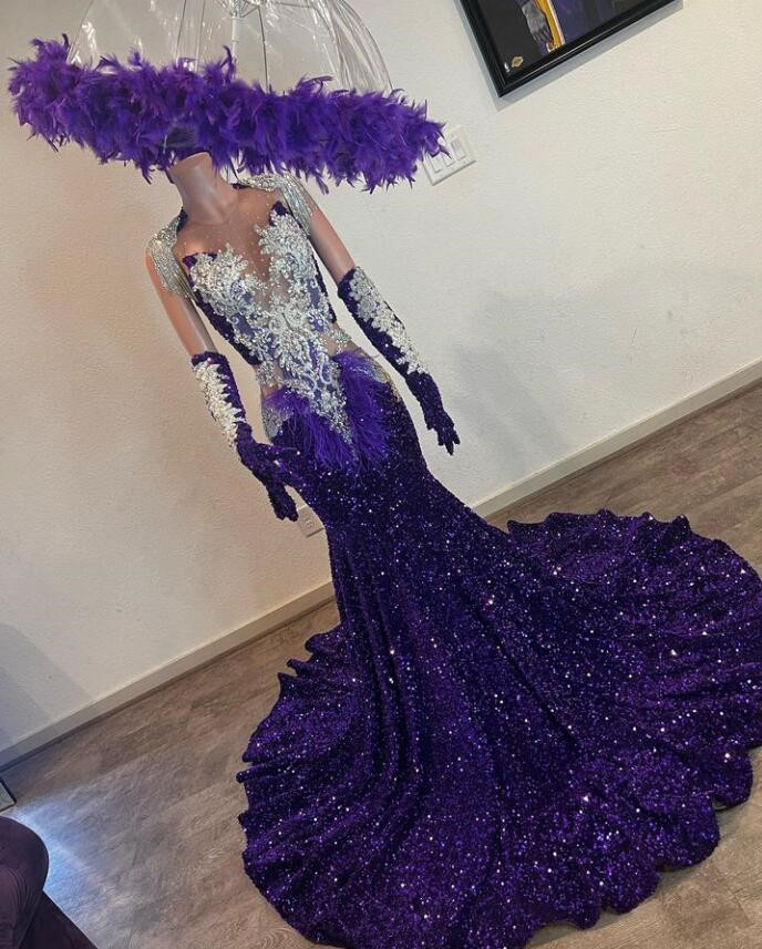Grape Purple Mermaid Evening Celebrity Dress for Women Sparkly Diamond Velvet Birthday Prom Gown vestido de gala largo