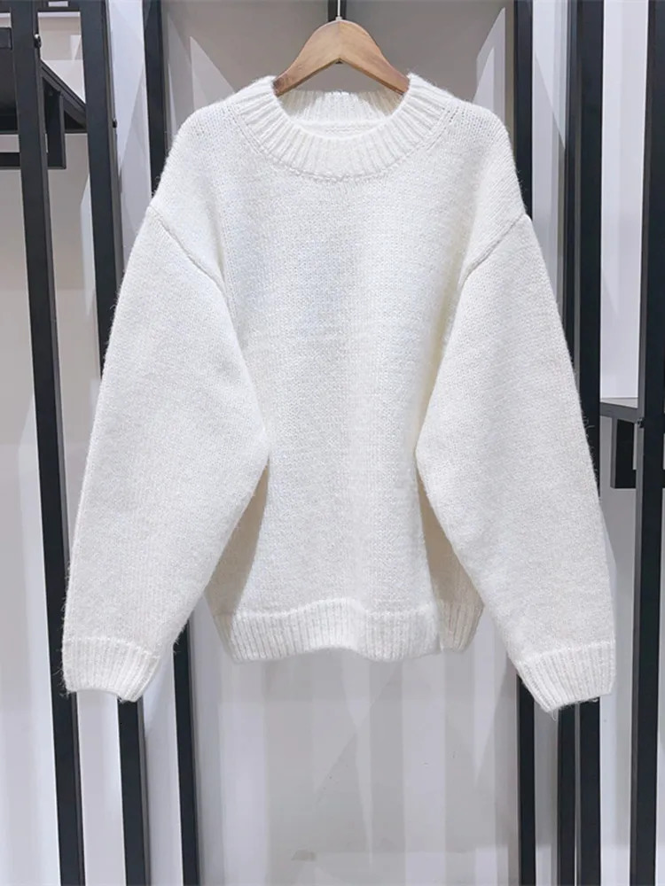 Women Back Letter Print Solid Color Knit Pullover Tops Spring 2024 Long Sleeve O Neck Two Ways Wear Loose Sweater for Lady 231225