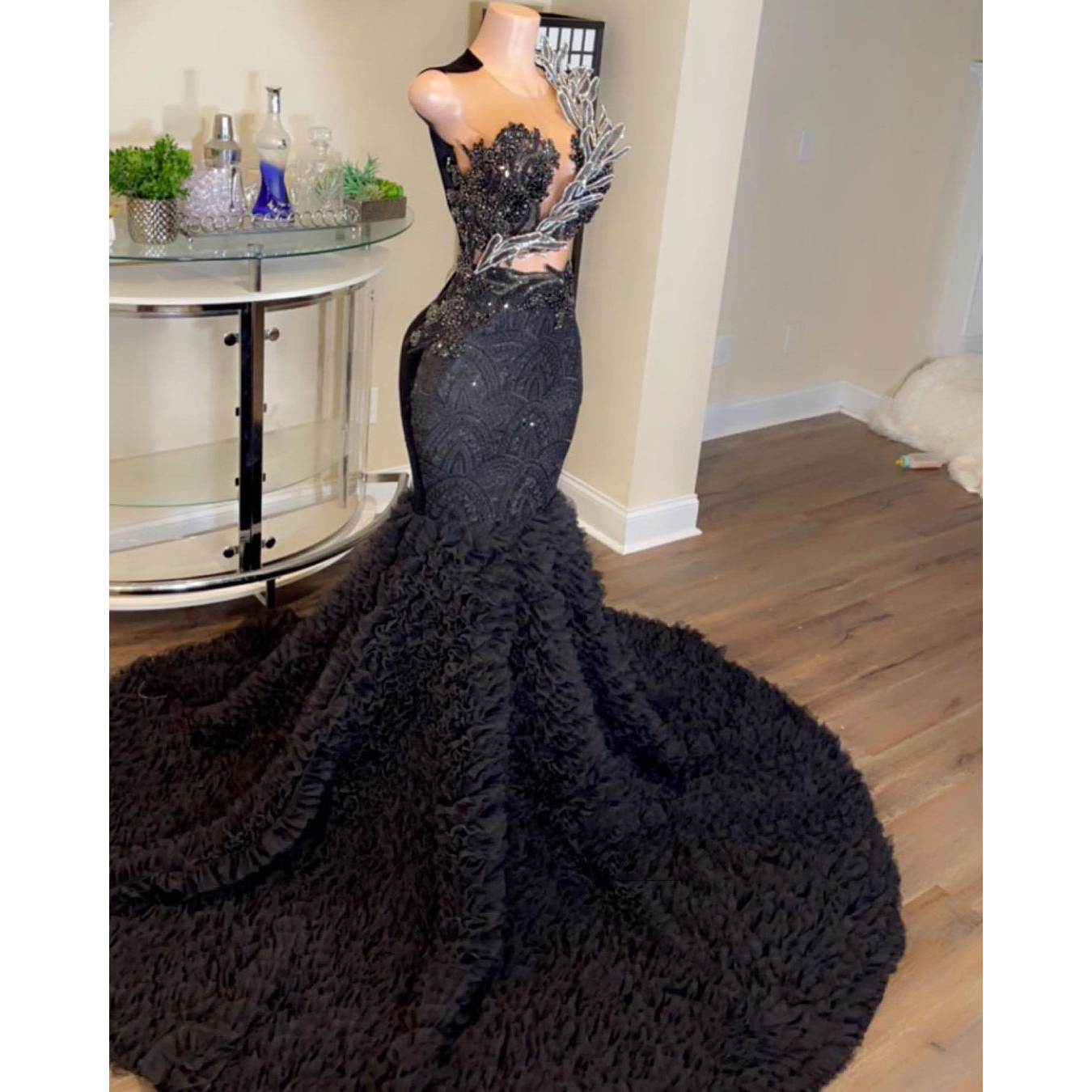 Long Black Mermaid Prom Dresses Beaded Diamond Ruffles Illusion Sexy Formal Party Evening Dress Graduation Gowns Vestidos De Novia 0521