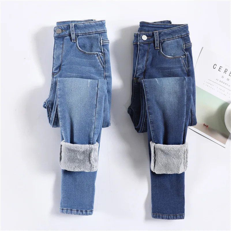 Winter Women Snow Warm Plush Stretch Pencil Pant Thermal Jeans Casual Skinny Thick Fleece Legging Female Retro Blue Trousers 231225