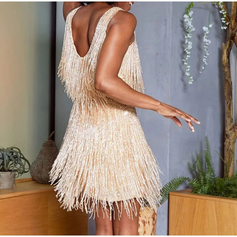 Sexy Tassel Sequins Feather Mini Dress Women Spaghetti Strap Stitching Dresses Female Elegant Evening Party Club Dress 231222