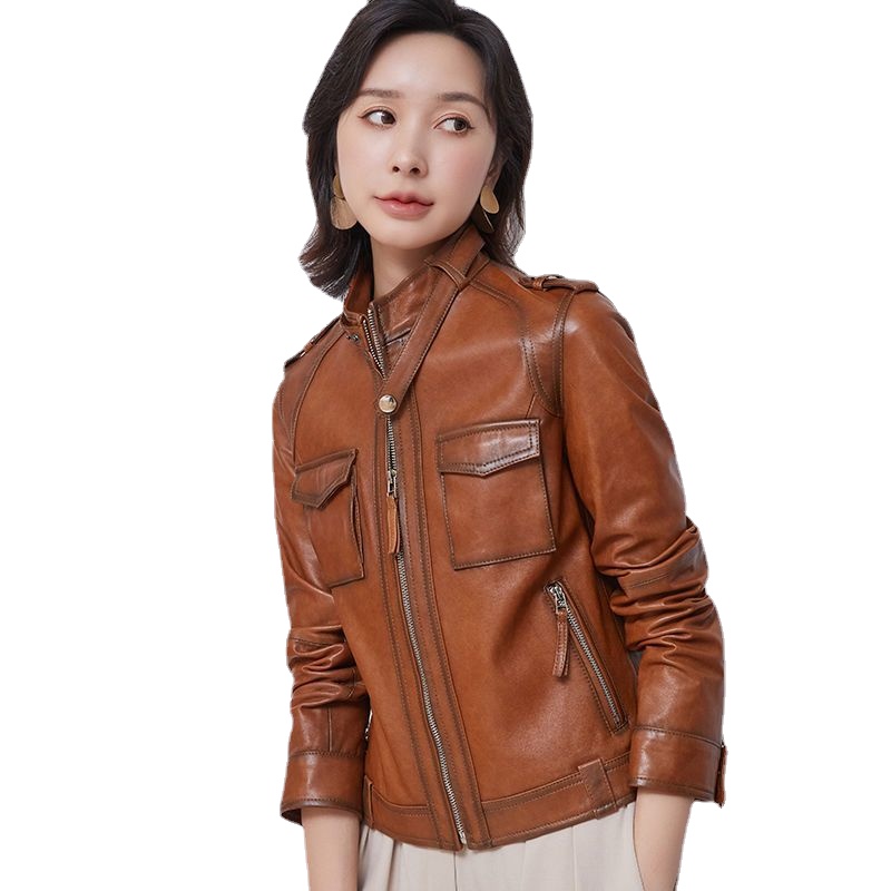 0C453M52 Women's Leather Coats Spring and Autumn Short Style Motorcycle Jacket Retro Style New Odeon Sheepskin Customized