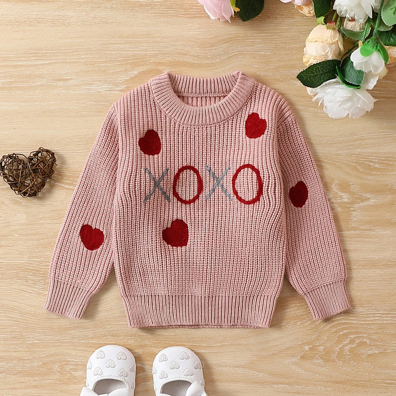 Infant Baby Girls Knitting Clothes Kids Valentine's Day Sweaters Long Sleeve Heart Embroidery Pullovers Jumper Tops For Toddler 231225