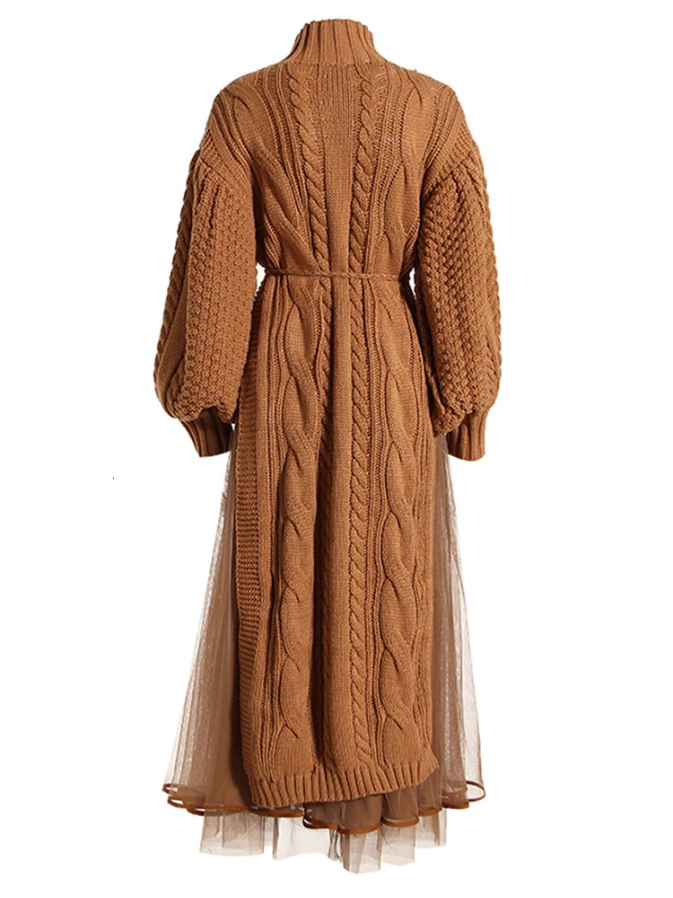 EAM Women khaki Knitting Mesh Big Size Dress Turtleneck Long Sleeve Loose Fit Fashion Spring Autumn 2024 1DH35 231225