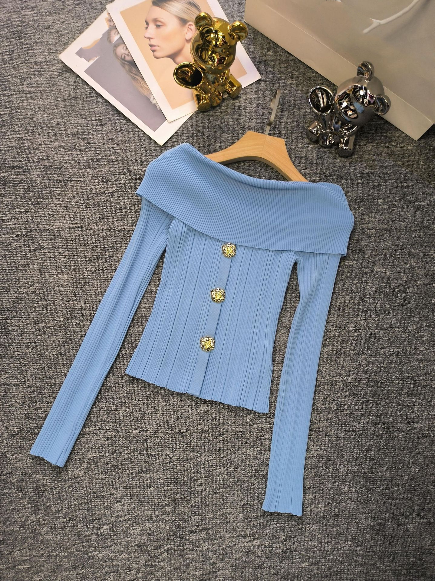 1225 L 2024 Runway Autumn Brand Same Style Sweater Long Sleeve Slash Neck Womens Clothes High Quality Wom