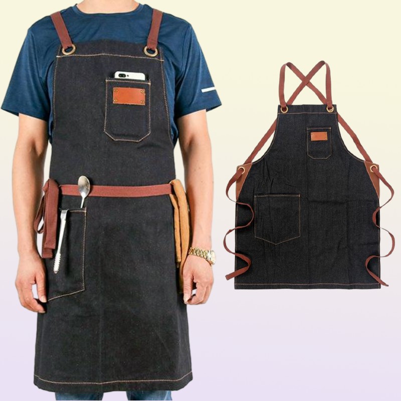 Denim Haircutting Apron For Men Adjustable Salon Hairdresser Tool BBQ Bib Working Uniform Korean Fashion Black Aprons9436396