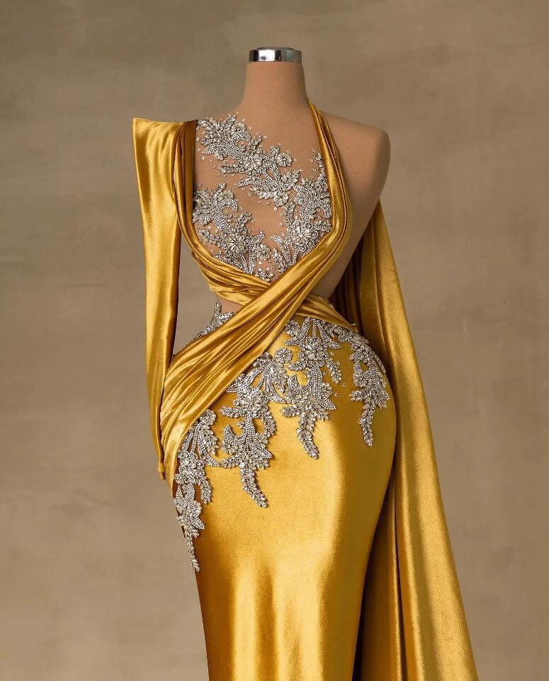 Gold Crystals Prom Dresses Aso Ebi Rhinestones Long Sleeve One Shoulder Pleated Sweep Train Satin Formal Evening Gowns