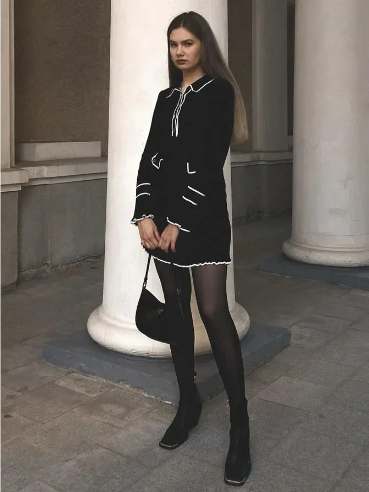 Tossy Ruffled Fashion Knit Dress Women Autumn Ribbed Contrast Long Sleeve High Waist Lapel Gown Dress Knitwear Ladies Maxi Dress 231225
