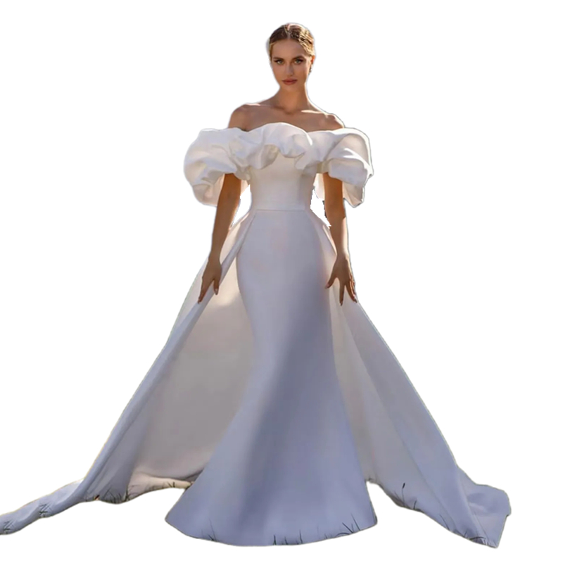 Puff Short Sleeves Mermaid Wedding Dress Off The Shoulder Long Satin Bridal Gown With Detachable Train Ruched Simple Ivory White Vestido De Novia