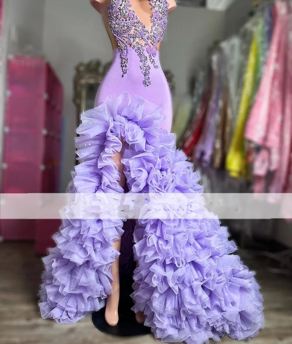 Sexy Lilac Mermaid Prom Dresses For Black Girls Slit Ruffles Train Beads Evening Gowns Long Veet Vestidos De Fiesta Party Dress