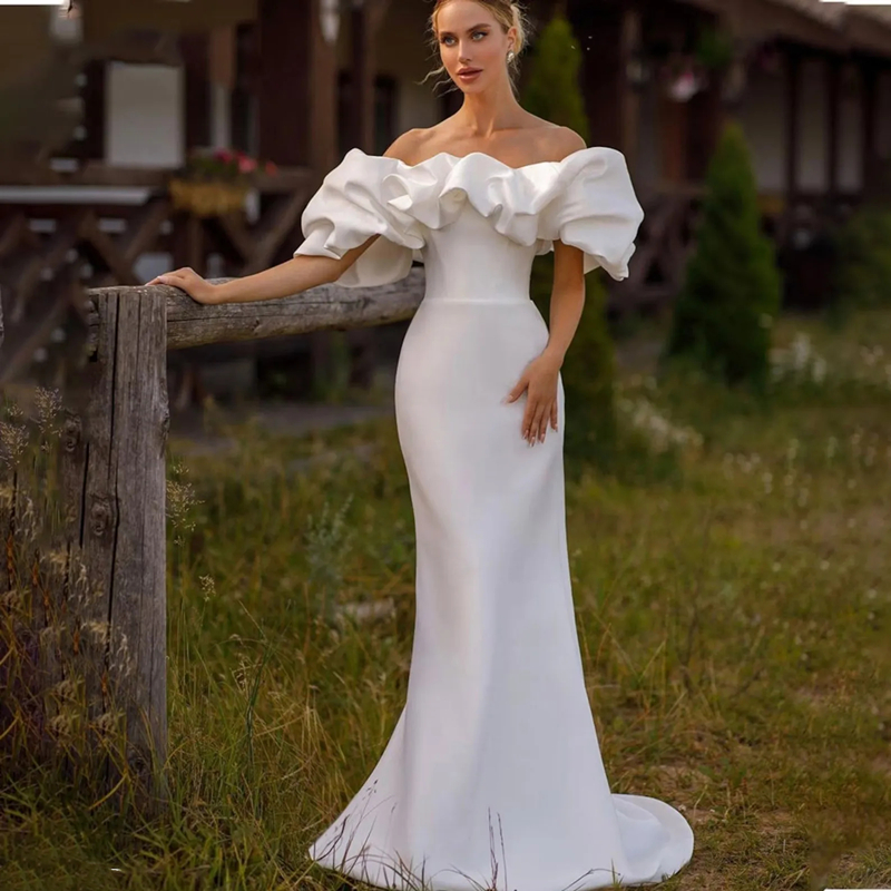 Puff Short Sleeves Mermaid Wedding Dress Off The Shoulder Long Satin Bridal Gown With Detachable Train Ruched Simple Ivory White Vestido De Novia