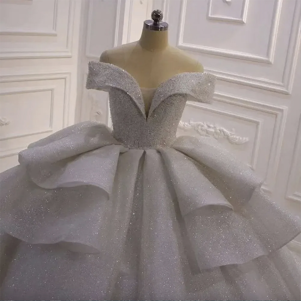 Stunningbride 2024 Charming Shiny Sweetheart Neck Lace Up Ball Shine Wedding Dress White Off The Shoulder Tiered Princess Bridal Gown 0431