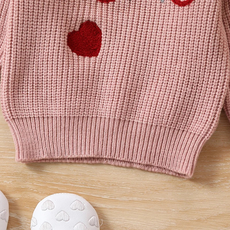 Infant Baby Girls Knitting Clothes Kids Valentine's Day Sweaters Long Sleeve Heart Embroidery Pullovers Jumper Tops For Toddler 231225