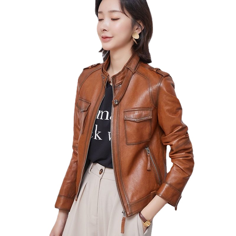 0C453M52 Women's Leather Coats Spring and Autumn Short Style Motorcycle Jacket Retro Style New Odeon Sheepskin Customized
