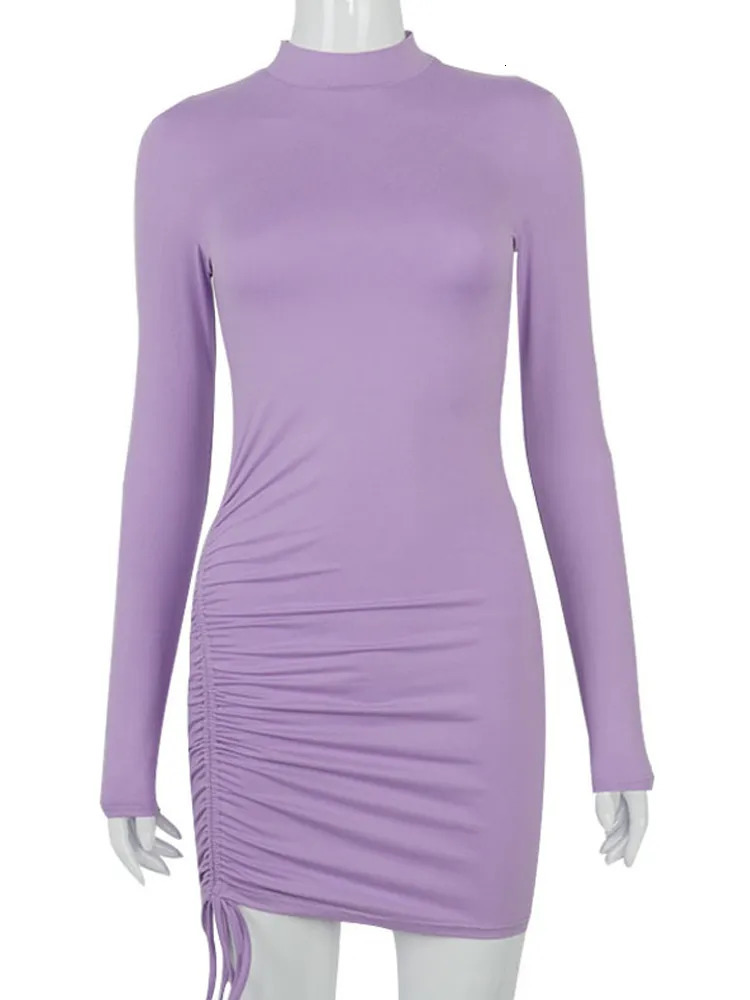 Long Sleeve Ruched Bodycon Dress Women Turtleneck Bandage Mini Dresses Autumn Black Skinny Stretchy Party Vestidos 231222