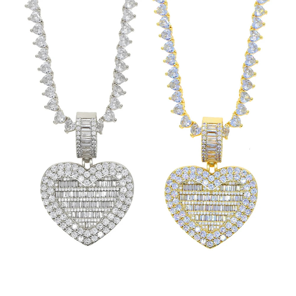 Iced Out Bling Can Be Opened Heart-shaped Po Pendant Necklace Hearts Tennis Chain Cubic Zirconia Fashion Women Men Jewelry 231225