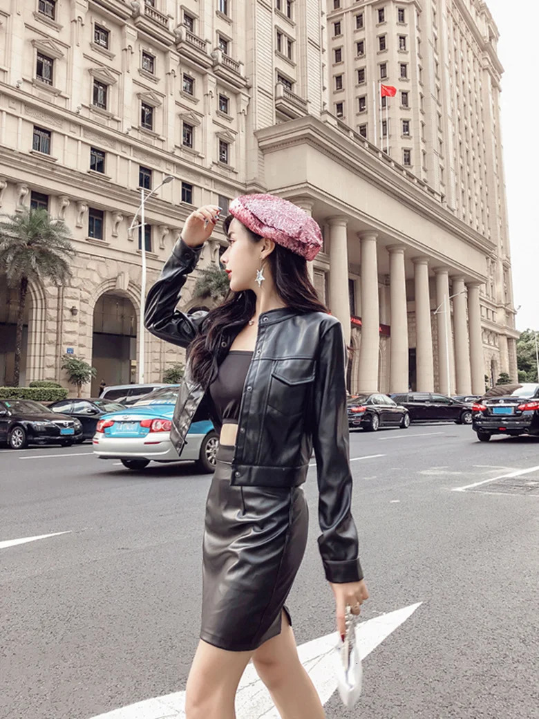 2 Pieces sexy skirt leather Sets women ladies PU Leather jacket and skirt Feminina Buttons long sleeve coat high waist skirt 231226