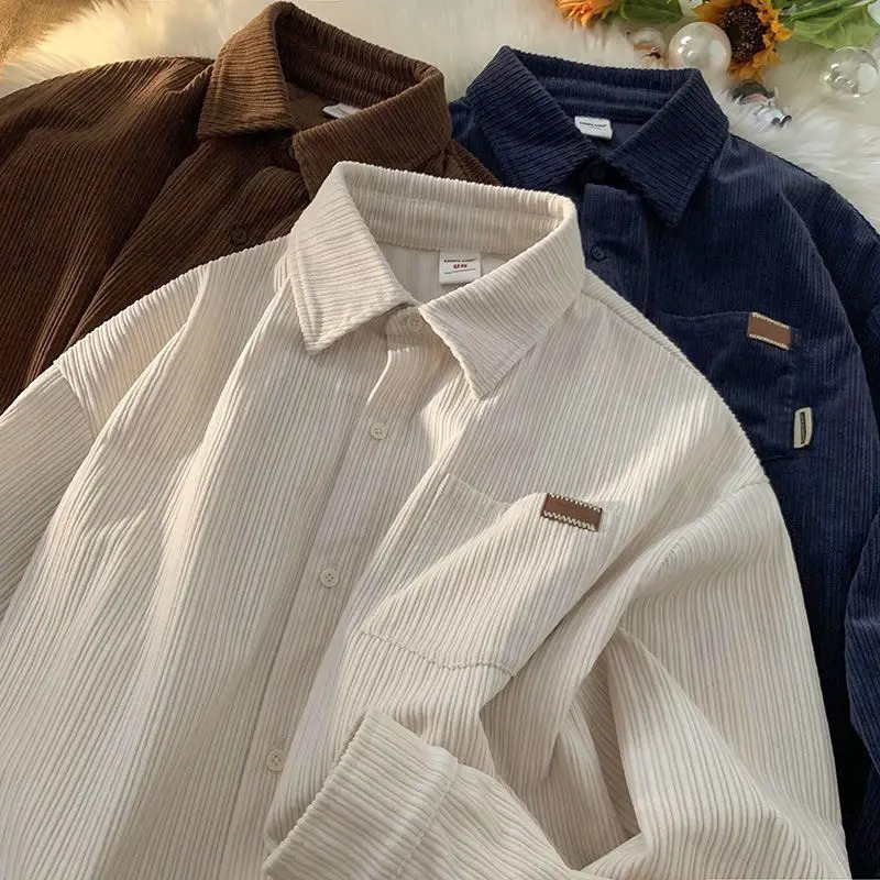 Corduroy Long Sleeve Polo Shirts for Men Fashion Retro Autumn and Winter Loose Harajuku Casual Shirt Coat Clothing 231225
