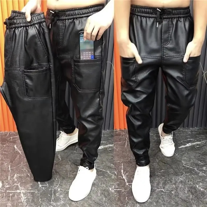 2023 Men's PU Leather Pants Elastic Waist Loose Black Streetwear Slim Fit Motorcycle Windproof Clothing 231225