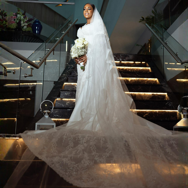R&W Illusion Trumpet Wedding Dress Bride Elegant Long Sleeves Mermaid Bridal Gowns with Detachable Train for African Arabic Black Women Gorgeous Marri