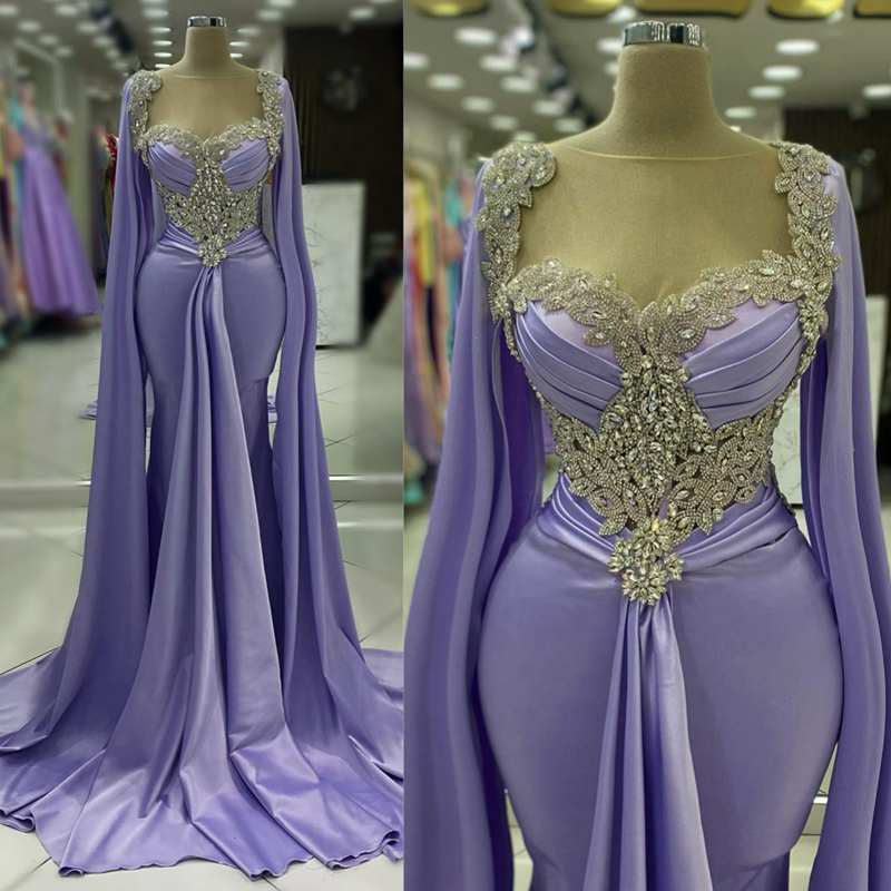 Lavender Elegant Evening Dresses Sheer Neck Mermaid Elastic Satin Crystals Prom Dresses for Special Occasions Promdress Second Reception Gowns Engagem