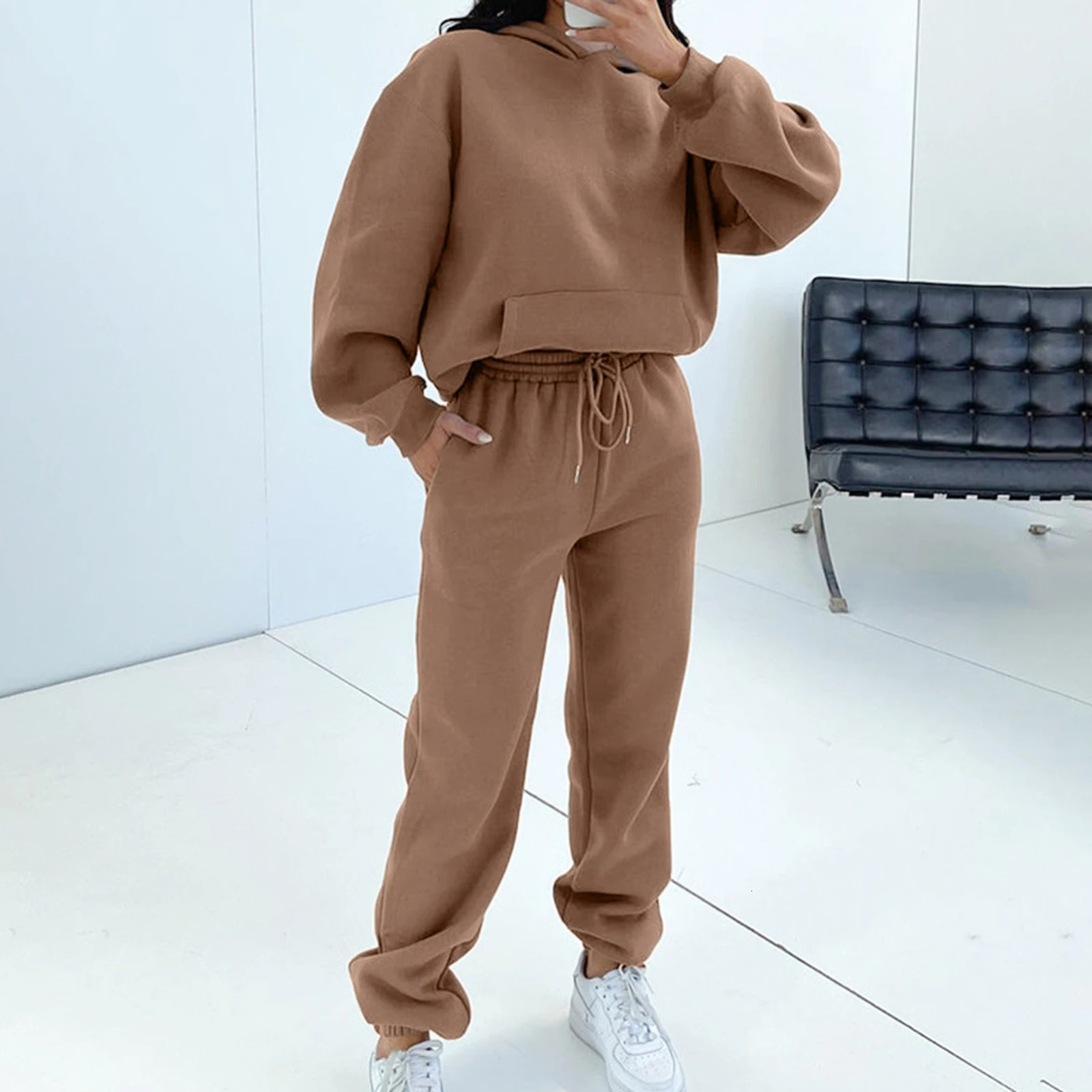 Women Long Sleeve Top Pants Solid Color Pockets 2 Pieces Lounge Set Drop Shoulder Hooded 2 Piece Pants Outfits Vacation Outfit 231225