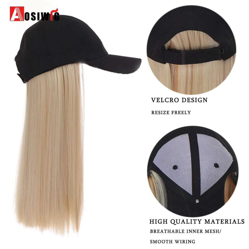 AOSI Fashion Black Baseball Cap With Wig Women Summer Synthetic Long Straight Hair Adjustable Hat 231226