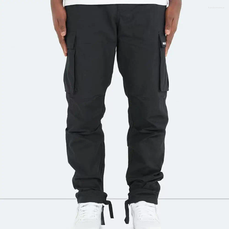 Men Cargo Pants Multi Pockets Elastic Waist Drawstring Solid Color Loose Soft Breathable Mid Waist Men Daily Long Trousers